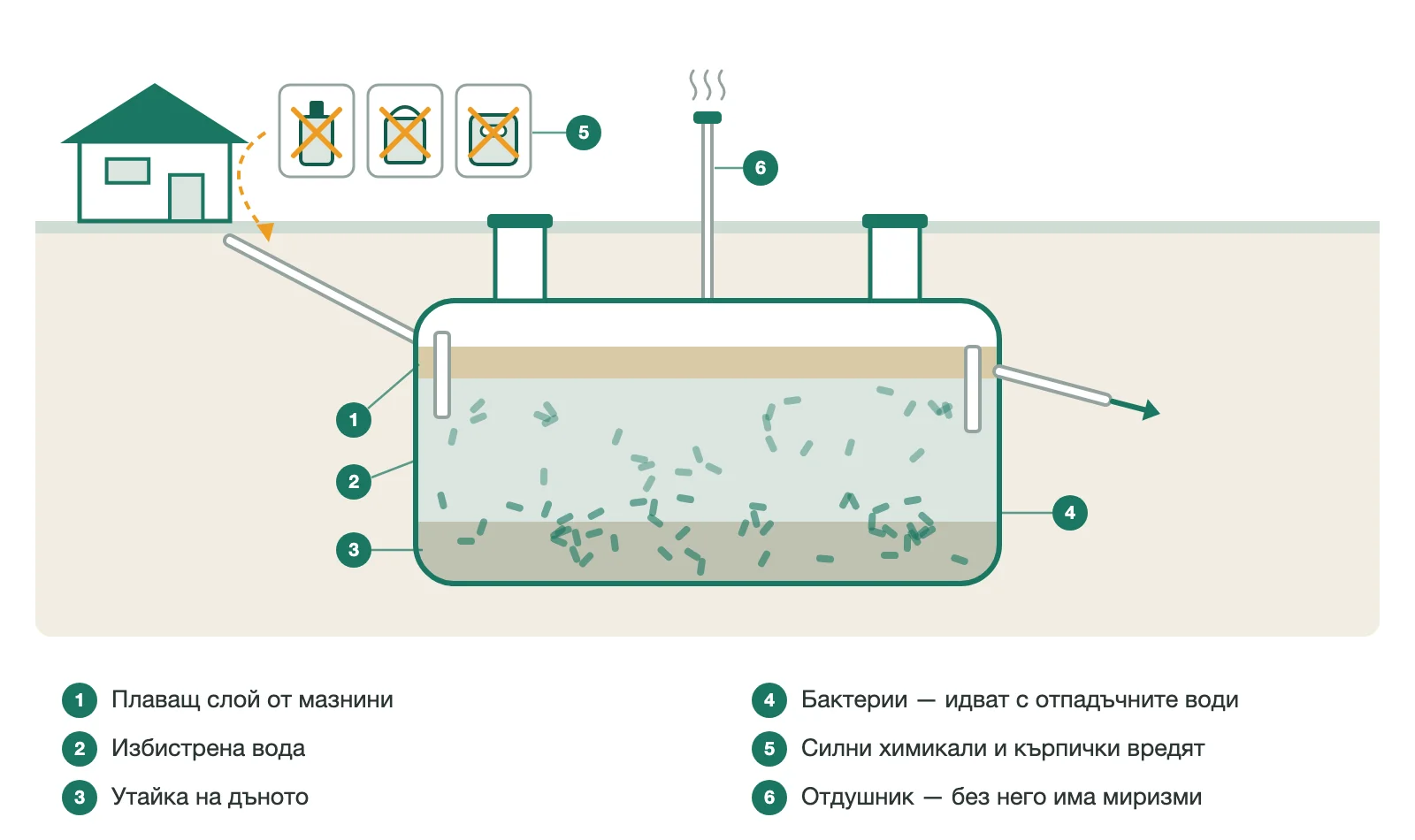 разрез на септична яма с плаващ слой, избистрена вода и утайка и означени вещества, които вредят на бактериите